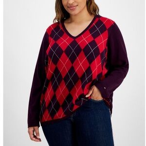 Tommy Hilfiger Red/Purple Argyle V-Neck Pullover Sweater Plus Size